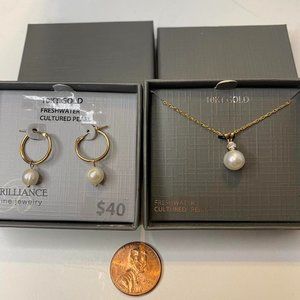 10K Gold Freshwater Pearl Earring Hoops and Necklace Set